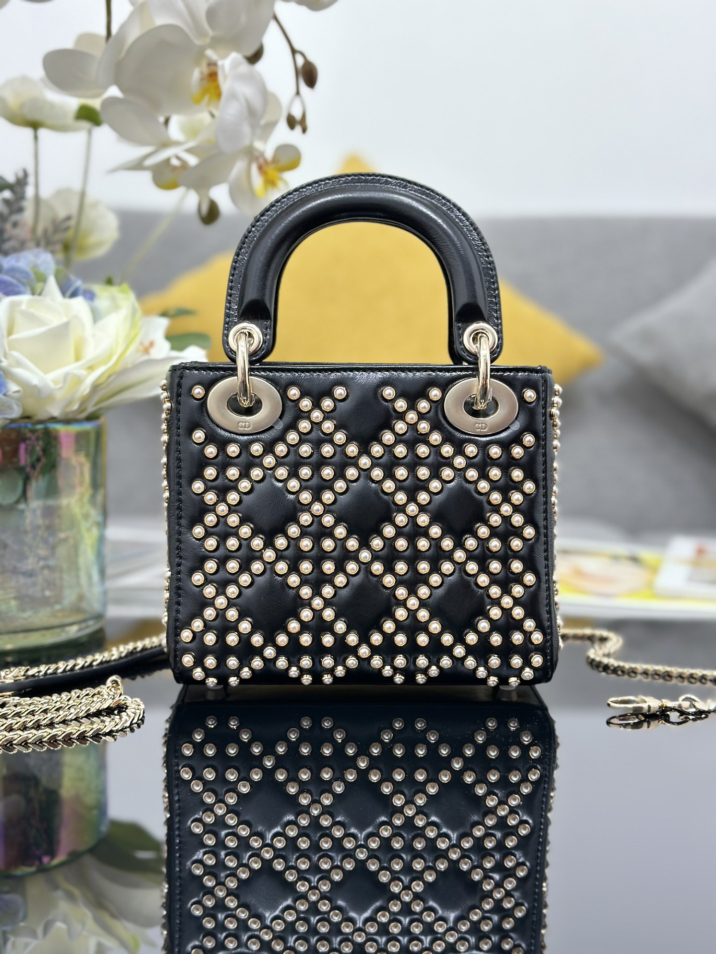 Mini Lady Dior Bag Black Calfskin Embroidered with Pearl Nail